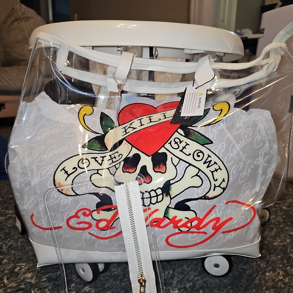 Ed Hardy Clear Tote with Skull and Heart Design